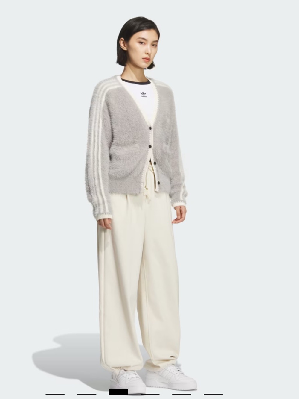 adidas Light Grey Fuzzy V-Neck Cardigan with Cream Trim Asia Exclusive US Large - Picture 3 of 14